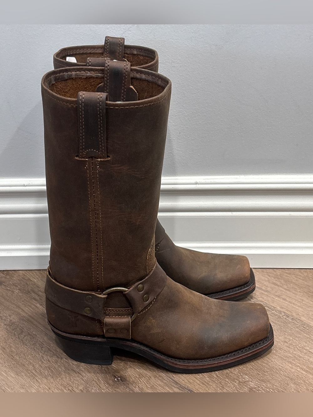 FRYE Harness 12R Boots Tan Leather Made in USA Square Toe Womens 7 M